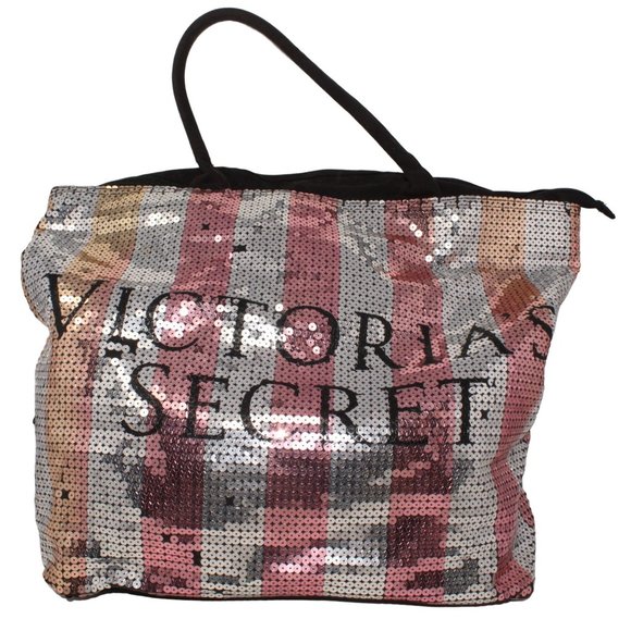Victorias Secret 2015 Black Friday  Pink Silver Sequin Striped Travel Tote Bag - Picture 1 of 5